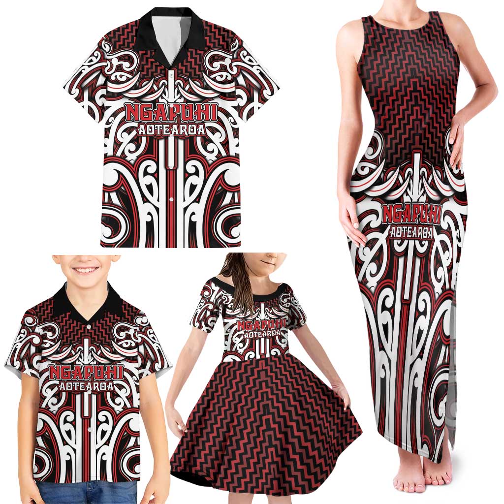 Custom Aotearoa Ngapuhi Family Matching Tank Maxi Dress and Hawaiian Shirt Maori Tribal Pattern Mix Poutama