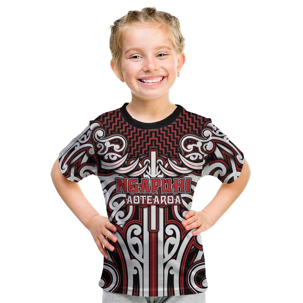 Custom Aotearoa Ngapuhi Kid T Shirt Maori Tribal Pattern Mix Poutama