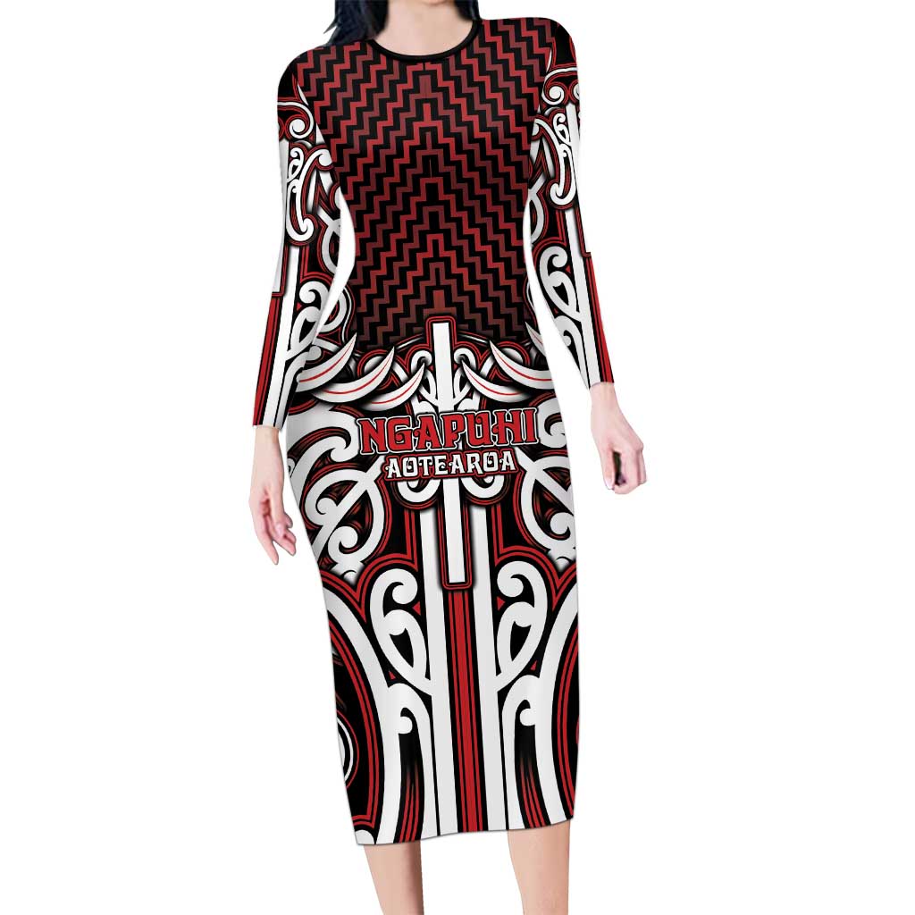 Custom Aotearoa Ngapuhi Long Sleeve Bodycon Dress Maori Tribal Pattern Mix Poutama