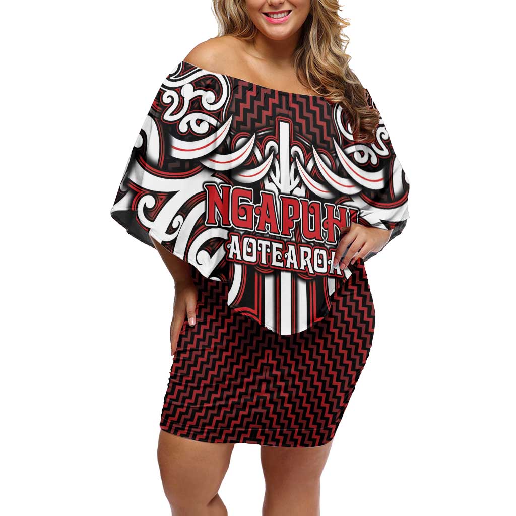 Custom Aotearoa Ngapuhi Off Shoulder Short Dress Maori Tribal Pattern Mix Poutama