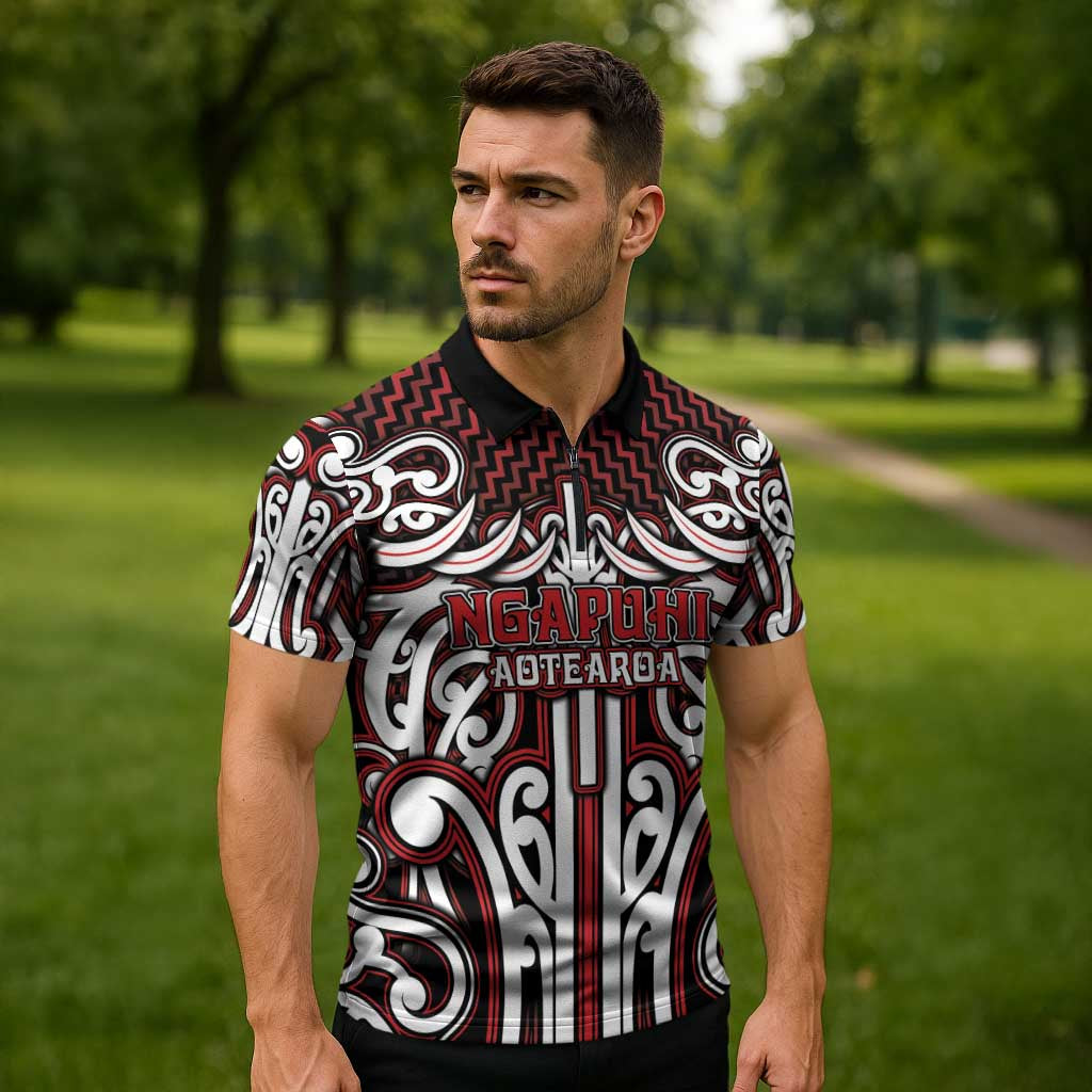 Custom Aotearoa Ngapuhi Zipper Polo Shirt Maori Tribal Pattern Mix Poutama