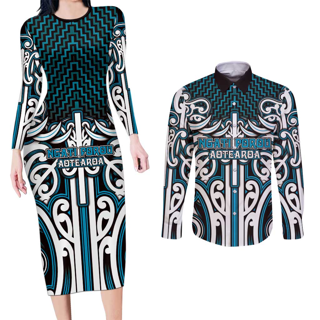 Custom Aotearoa Ngati Porou Couples Matching Long Sleeve Bodycon Dress and Long Sleeve Button Shirt Maori Tribal Pattern Mix Poutama