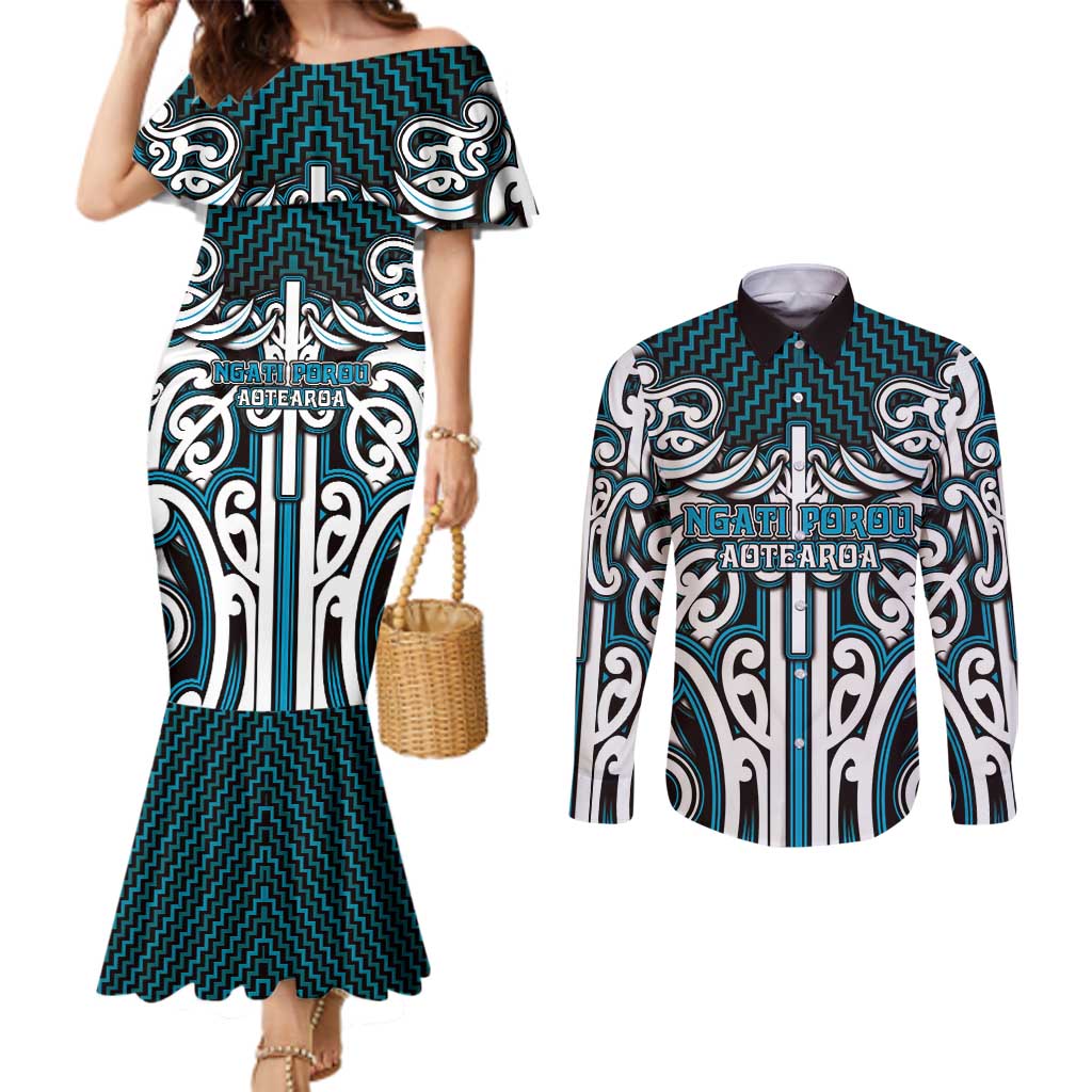 Custom Aotearoa Ngati Porou Couples Matching Mermaid Dress and Long Sleeve Button Shirt Maori Tribal Pattern Mix Poutama