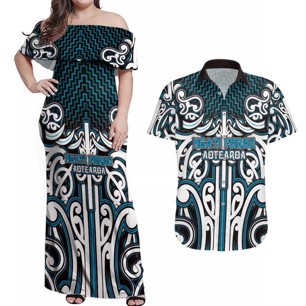 Custom Aotearoa Ngati Porou Couples Matching Off Shoulder Maxi Dress and Hawaiian Shirt Maori Tribal Pattern Mix Poutama