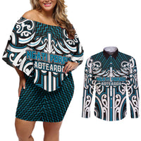 Custom Aotearoa Ngati Porou Couples Matching Off Shoulder Short Dress and Long Sleeve Button Shirt Maori Tribal Pattern Mix Poutama