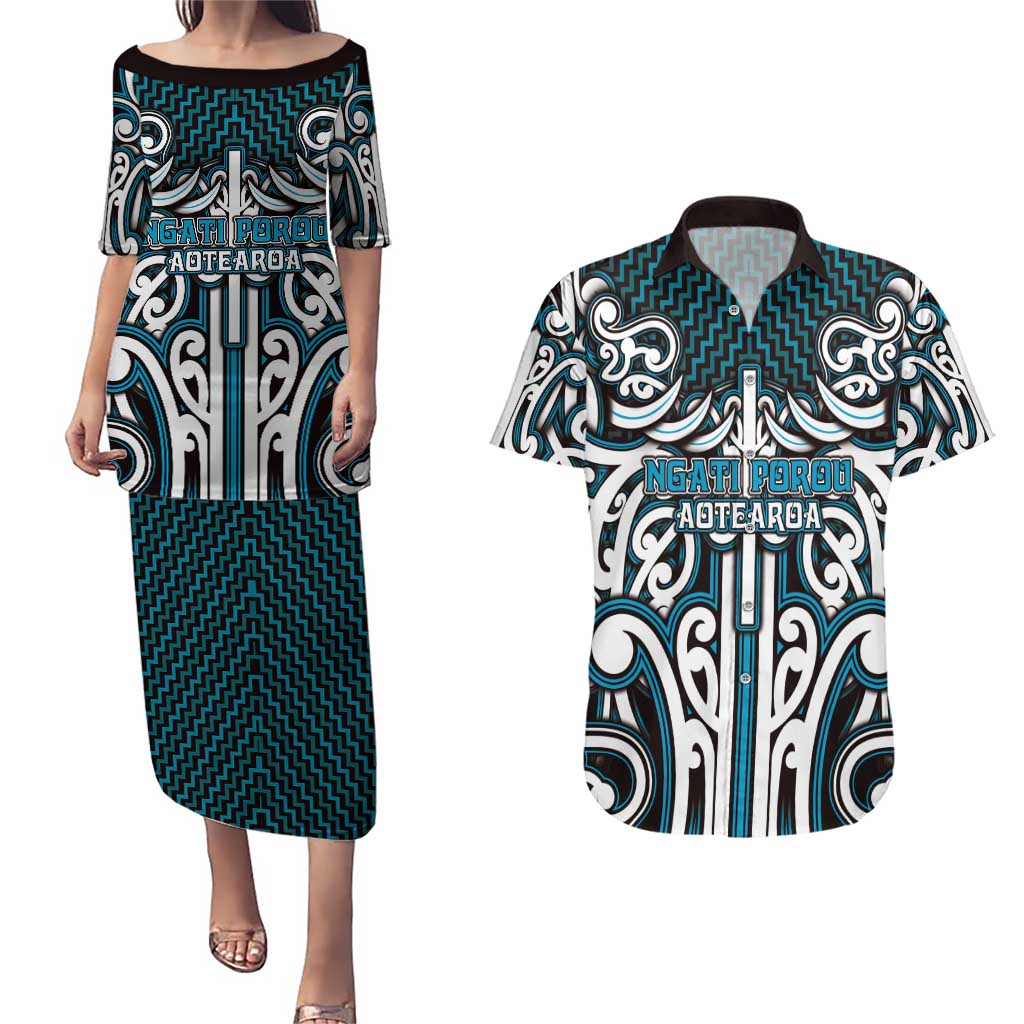 Custom Aotearoa Ngati Porou Couples Matching Puletasi and Hawaiian Shirt Maori Tribal Pattern Mix Poutama
