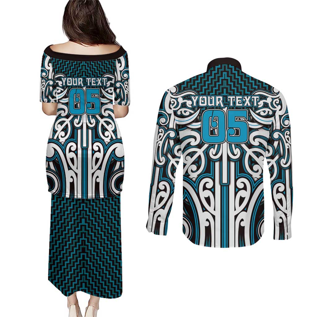 Custom Aotearoa Ngati Porou Couples Matching Puletasi and Long Sleeve Button Shirt Maori Tribal Pattern Mix Poutama