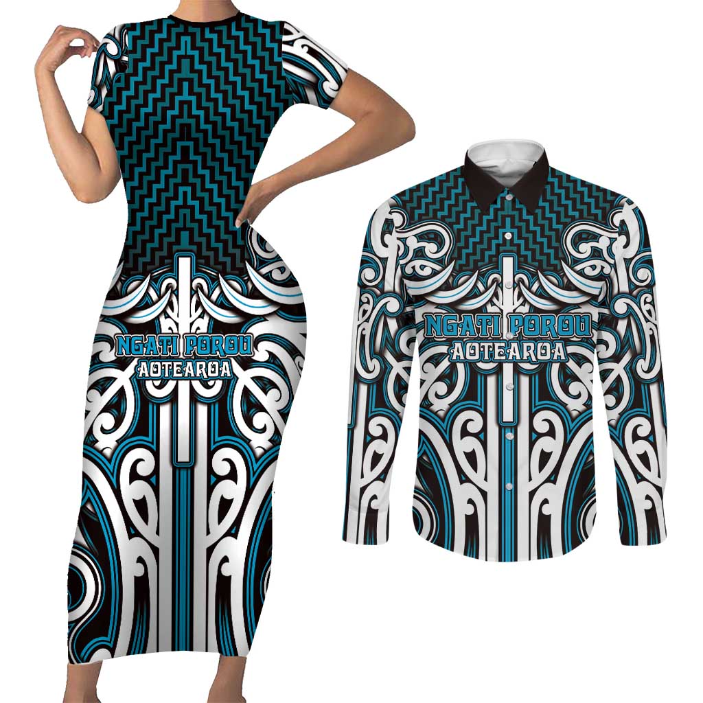 Custom Aotearoa Ngati Porou Couples Matching Short Sleeve Bodycon Dress and Long Sleeve Button Shirt Maori Tribal Pattern Mix Poutama