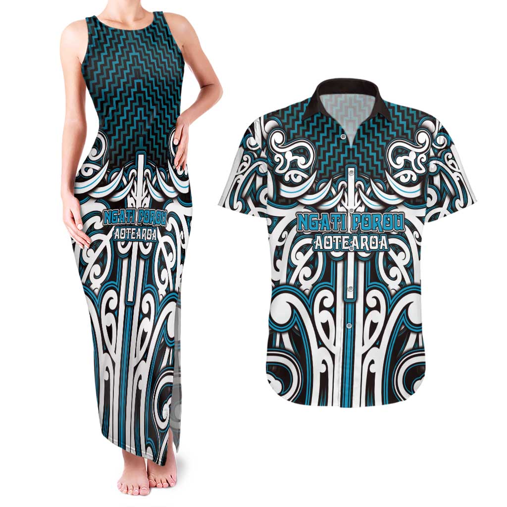 Custom Aotearoa Ngati Porou Couples Matching Tank Maxi Dress and Hawaiian Shirt Maori Tribal Pattern Mix Poutama