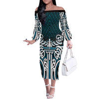 Custom Aotearoa Ngati Porou Family Matching Off The Shoulder Long Sleeve Dress and Hawaiian Shirt Maori Tribal Pattern Mix Poutama