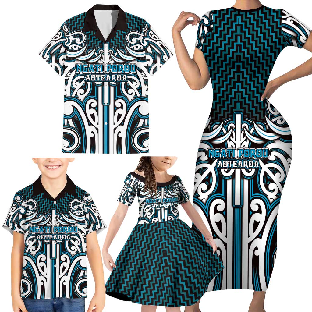 Custom Aotearoa Ngati Porou Family Matching Short Sleeve Bodycon Dress and Hawaiian Shirt Maori Tribal Pattern Mix Poutama