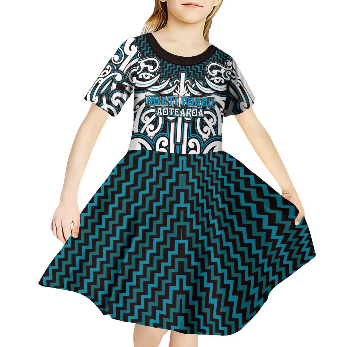 Custom Aotearoa Ngati Porou Kid Short Sleeve Dress Maori Tribal Pattern Mix Poutama