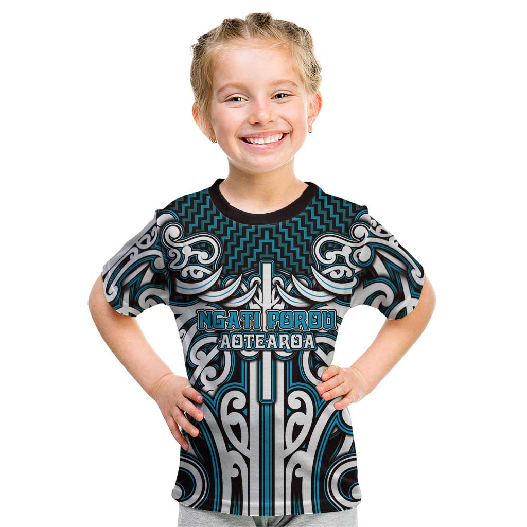 Custom Aotearoa Ngati Porou Kid T Shirt Maori Tribal Pattern Mix Poutama
