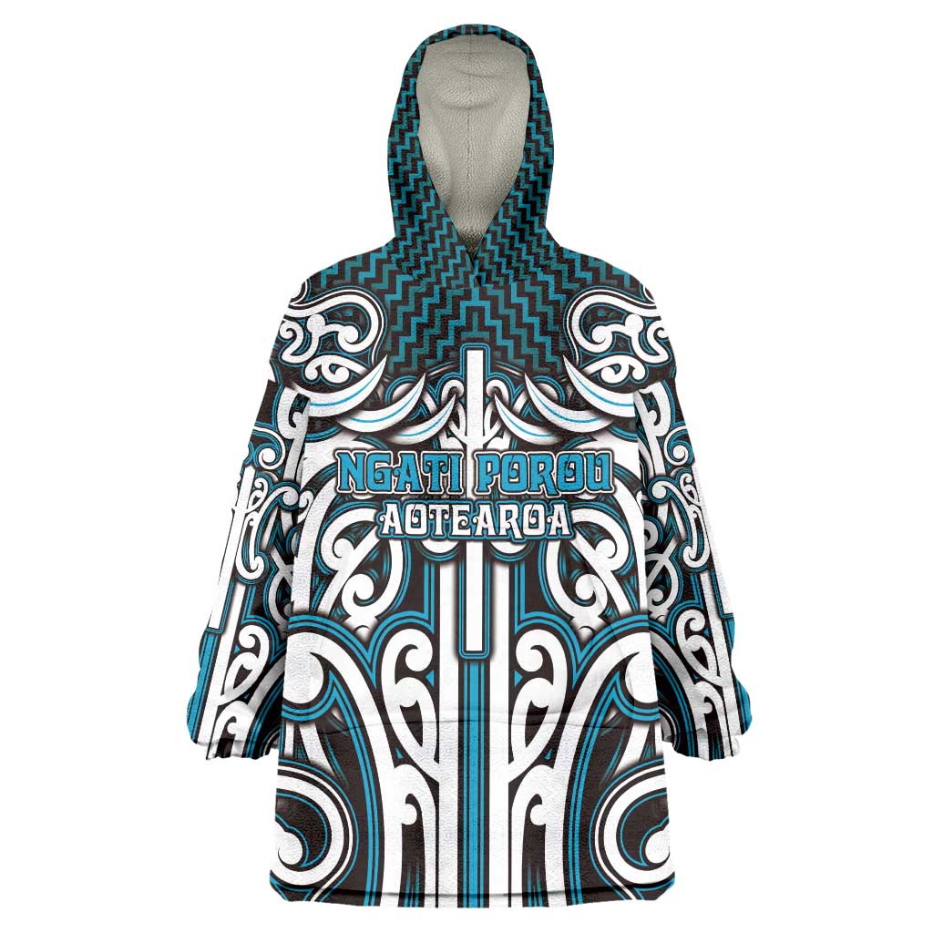 Custom Aotearoa Ngati Porou Wearable Blanket Hoodie Maori Tribal Pattern Mix Poutama LT05 One Size Blue - Polynesian Pride