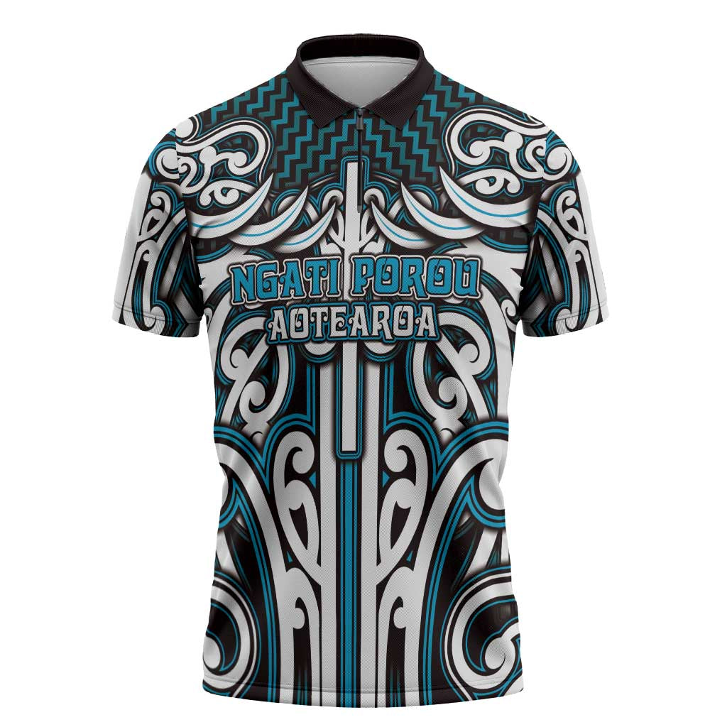 Custom Aotearoa Ngati Porou Zipper Polo Shirt Maori Tribal Pattern Mix Poutama
