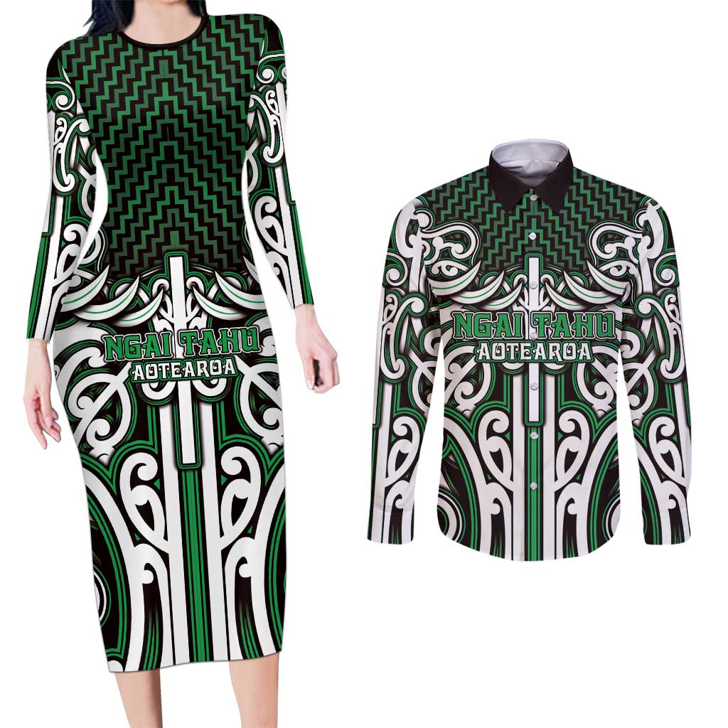 Custom Aotearoa Ngai Tahu Couples Matching Long Sleeve Bodycon Dress and Long Sleeve Button Shirt Maori Tribal Pattern Mix Poutama