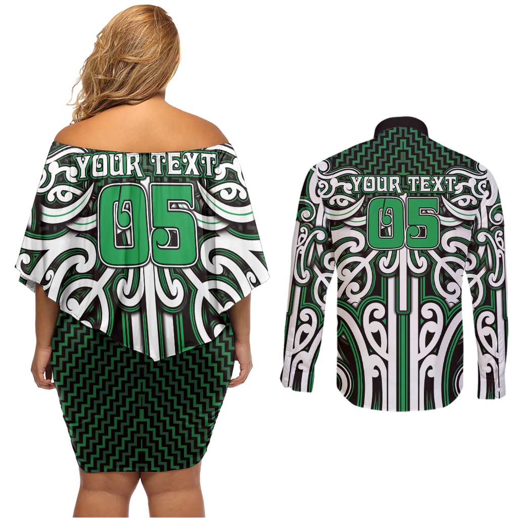 Custom Aotearoa Ngai Tahu Couples Matching Off Shoulder Short Dress and Long Sleeve Button Shirt Maori Tribal Pattern Mix Poutama