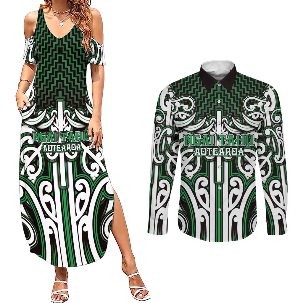 Custom Aotearoa Ngai Tahu Couples Matching Summer Maxi Dress and Long Sleeve Button Shirt Maori Tribal Pattern Mix Poutama