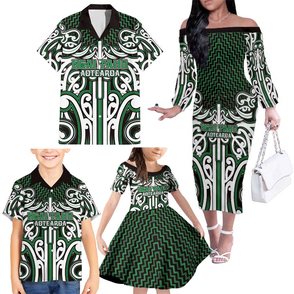 Custom Aotearoa Ngai Tahu Family Matching Off The Shoulder Long Sleeve Dress and Hawaiian Shirt Maori Tribal Pattern Mix Poutama
