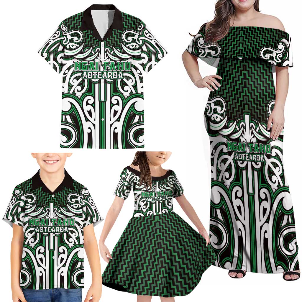 Custom Aotearoa Ngai Tahu Family Matching Off Shoulder Maxi Dress and Hawaiian Shirt Maori Tribal Pattern Mix Poutama