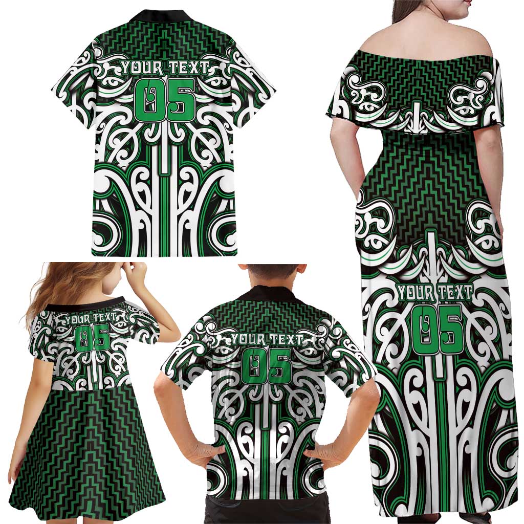 Custom Aotearoa Ngai Tahu Family Matching Off Shoulder Maxi Dress and Hawaiian Shirt Maori Tribal Pattern Mix Poutama