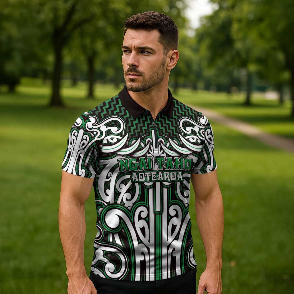 Custom Aotearoa Ngai Tahu Zipper Polo Shirt Maori Tribal Pattern Mix Poutama