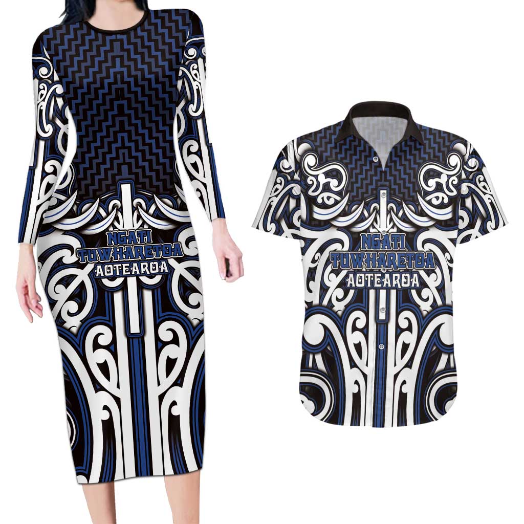 Custom Aotearoa Ngati Tuwharetoa Couples Matching Long Sleeve Bodycon Dress and Hawaiian Shirt Maori Tribal Pattern Mix Poutama