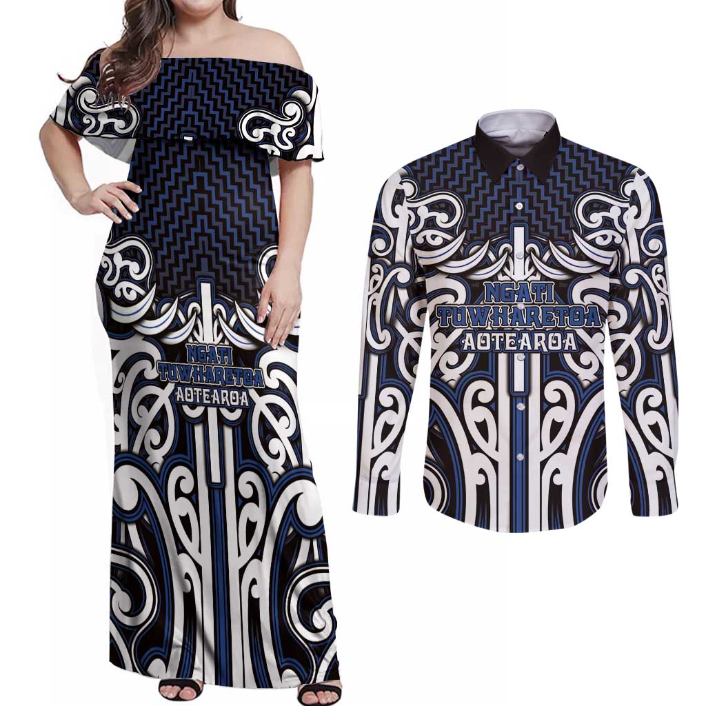 Custom Aotearoa Ngati Tuwharetoa Couples Matching Off Shoulder Maxi Dress and Long Sleeve Button Shirt Maori Tribal Pattern Mix Poutama