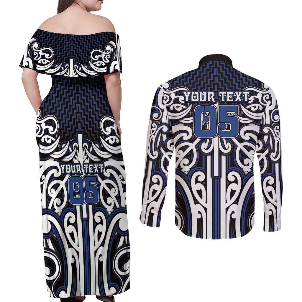 Custom Aotearoa Ngati Tuwharetoa Couples Matching Off Shoulder Maxi Dress and Long Sleeve Button Shirt Maori Tribal Pattern Mix Poutama