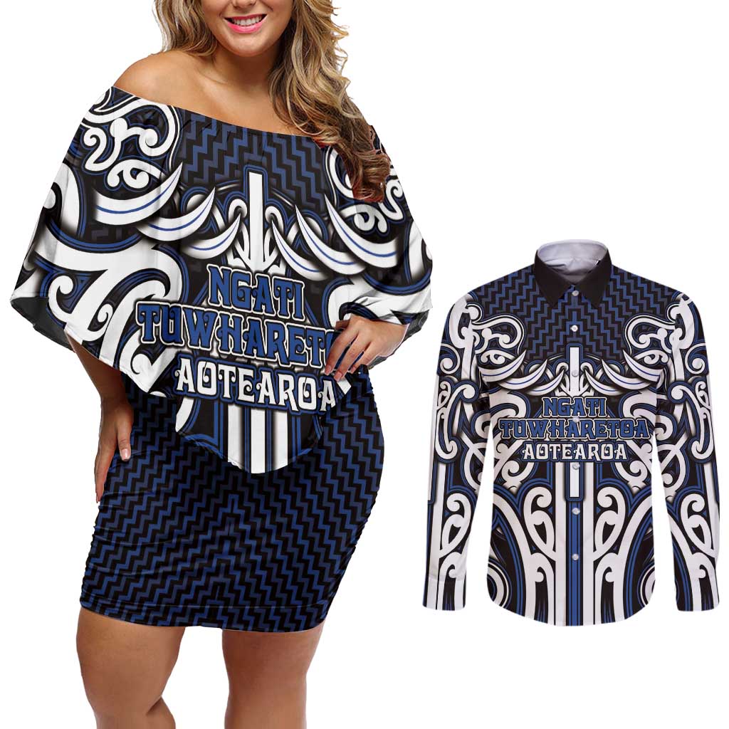 Custom Aotearoa Ngati Tuwharetoa Couples Matching Off Shoulder Short Dress and Long Sleeve Button Shirt Maori Tribal Pattern Mix Poutama