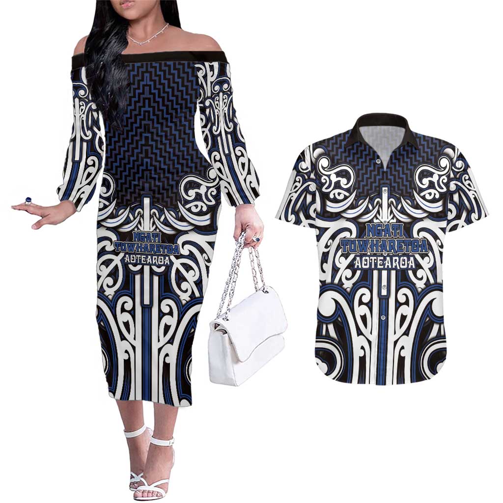 Custom Aotearoa Ngati Tuwharetoa Couples Matching Off The Shoulder Long Sleeve Dress and Hawaiian Shirt Maori Tribal Pattern Mix Poutama