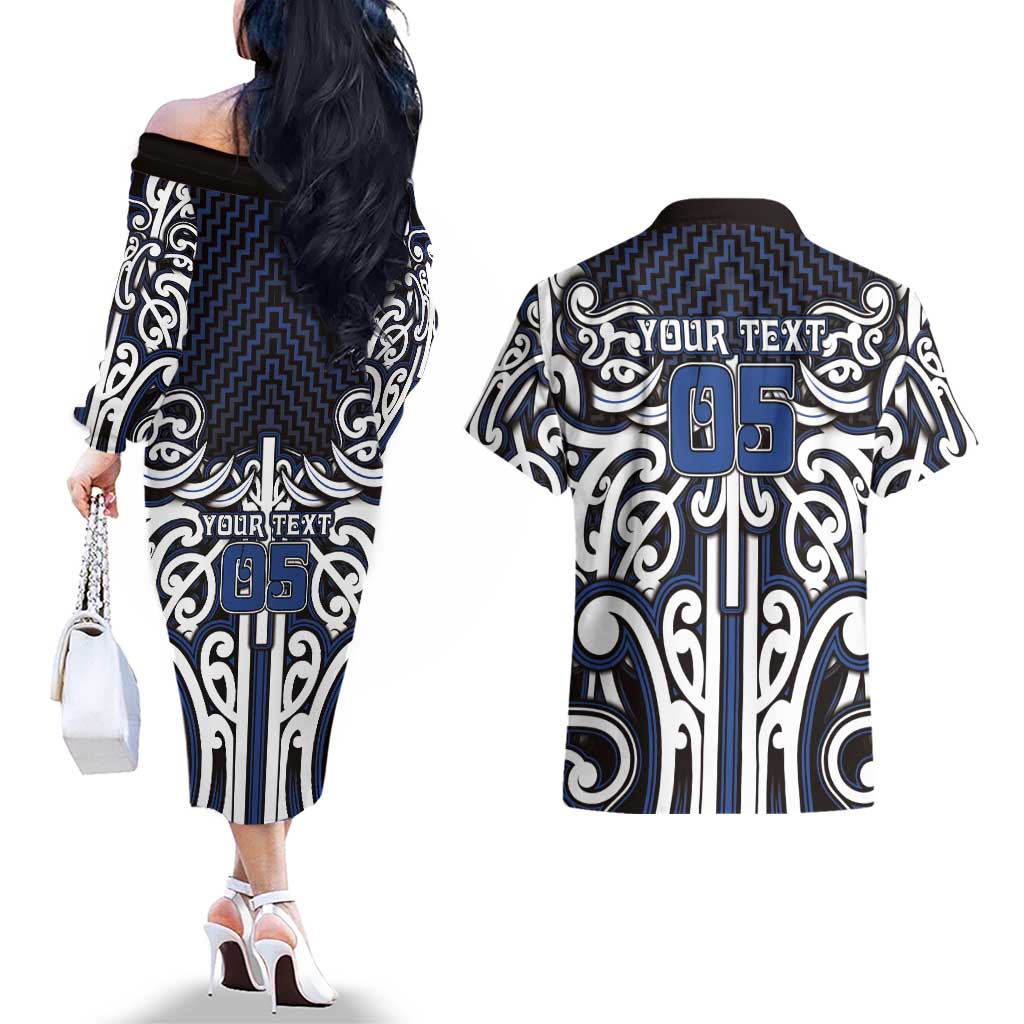 Custom Aotearoa Ngati Tuwharetoa Couples Matching Off The Shoulder Long Sleeve Dress and Hawaiian Shirt Maori Tribal Pattern Mix Poutama