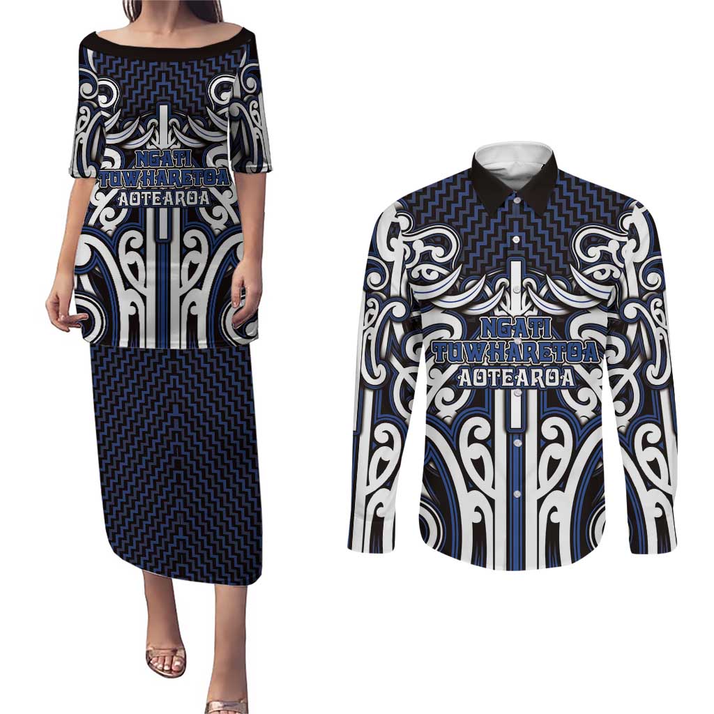 Custom Aotearoa Ngati Tuwharetoa Couples Matching Puletasi and Long Sleeve Button Shirt Maori Tribal Pattern Mix Poutama