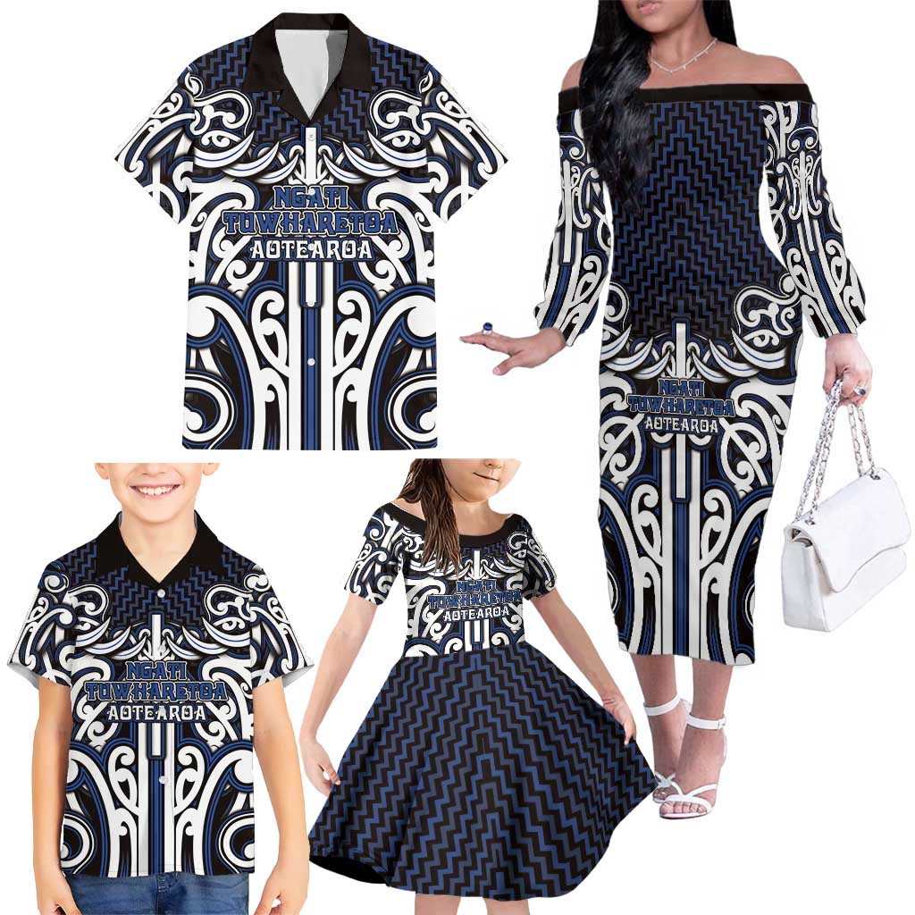 Custom Aotearoa Ngati Tuwharetoa Family Matching Off The Shoulder Long Sleeve Dress and Hawaiian Shirt Maori Tribal Pattern Mix Poutama LT05 - Polynesian Pride