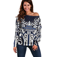 Custom Aotearoa Ngati Tuwharetoa Off Shoulder Sweater Maori Tribal Pattern Mix Poutama LT05 Women Navy - Polynesian Pride