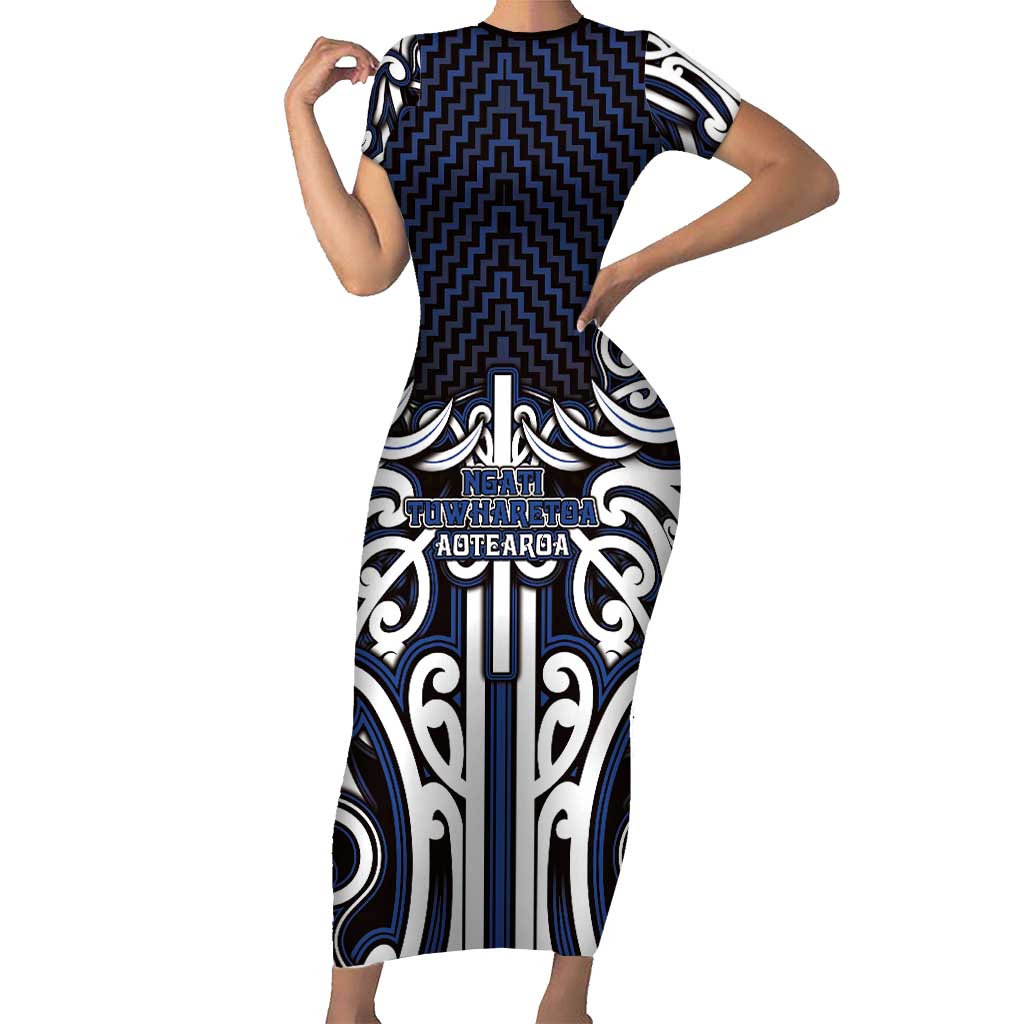 Custom Aotearoa Ngati Tuwharetoa Short Sleeve Bodycon Dress Maori Tribal Pattern Mix Poutama