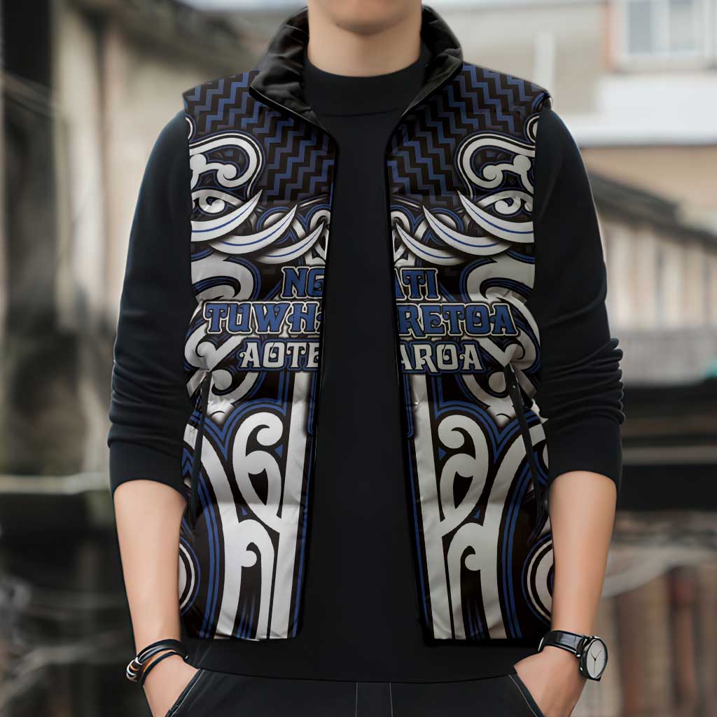 Custom Aotearoa Ngati Tuwharetoa Sleeveless Puffer Jacket Maori Tribal Pattern Mix Poutama