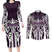 Custom Aotearoa Rangitane Couples Matching Long Sleeve Bodycon Dress and Long Sleeve Button Shirt Maori Tribal Pattern Mix Poutama LT05 Purple - Polynesian Pride