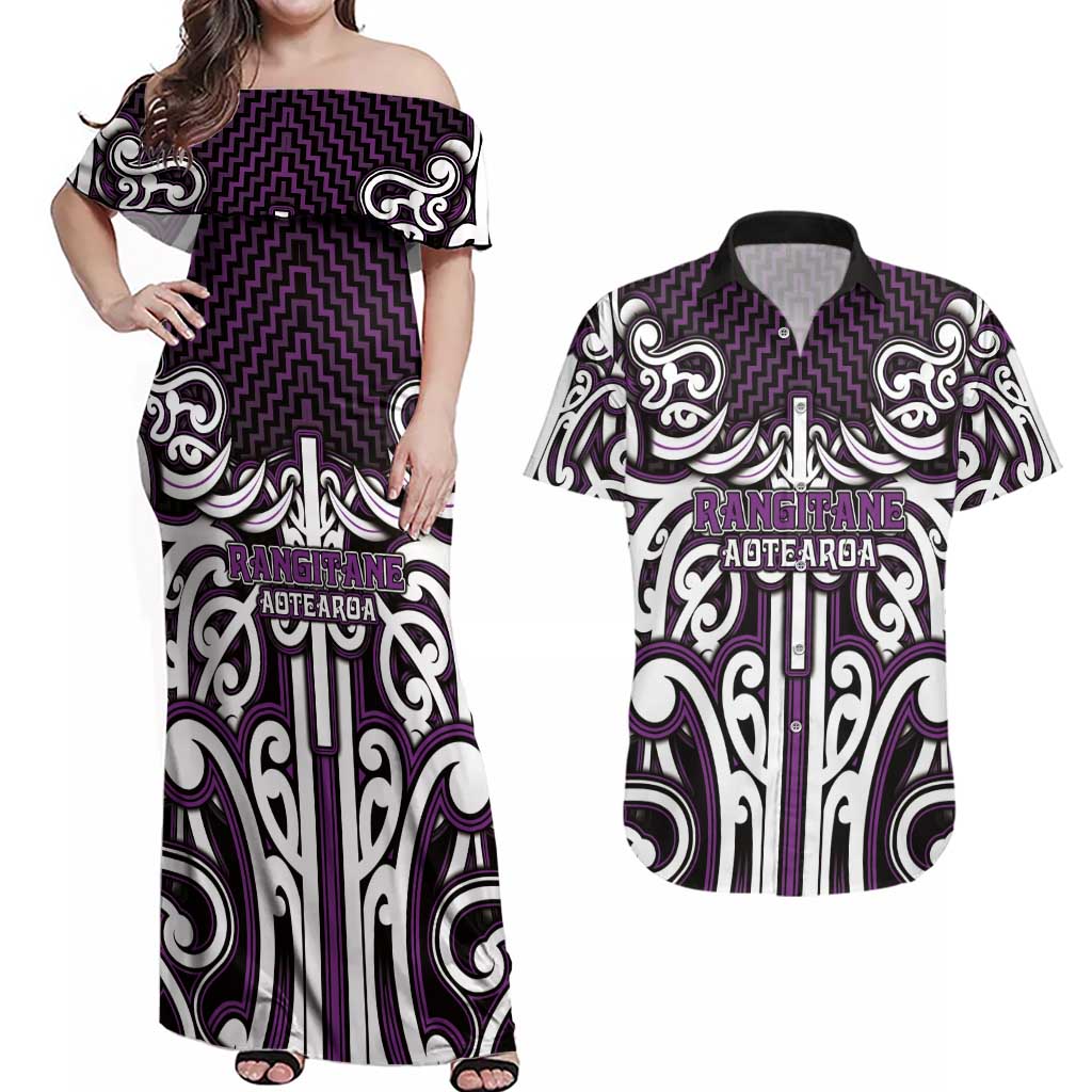 Custom Aotearoa Rangitane Couples Matching Off Shoulder Maxi Dress and Hawaiian Shirt Maori Tribal Pattern Mix Poutama