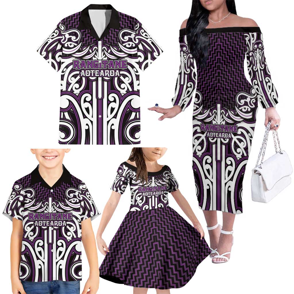 Custom Aotearoa Rangitane Family Matching Off The Shoulder Long Sleeve Dress and Hawaiian Shirt Maori Tribal Pattern Mix Poutama