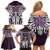 Custom Aotearoa Rangitane Family Matching Off Shoulder Short Dress and Hawaiian Shirt Maori Tribal Pattern Mix Poutama
