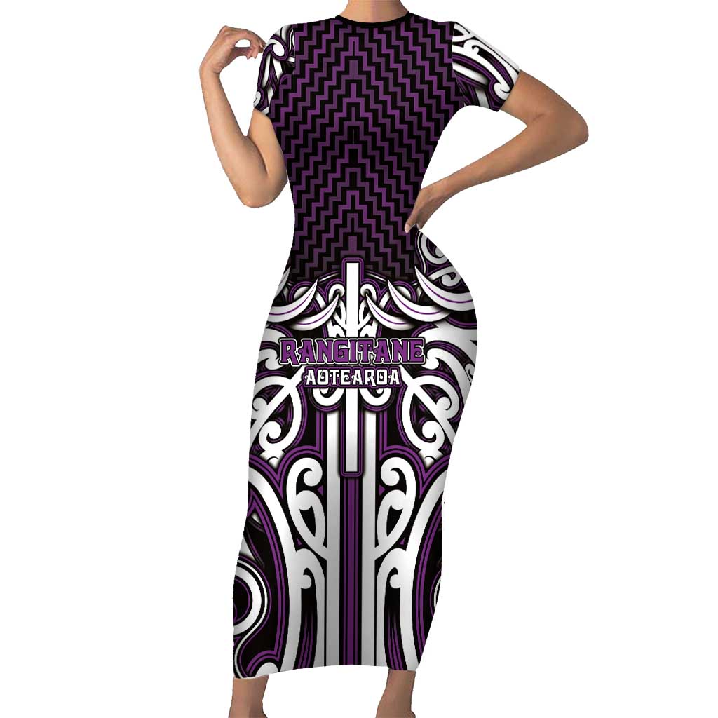 Custom Aotearoa Rangitane Short Sleeve Bodycon Dress Maori Tribal Pattern Mix Poutama