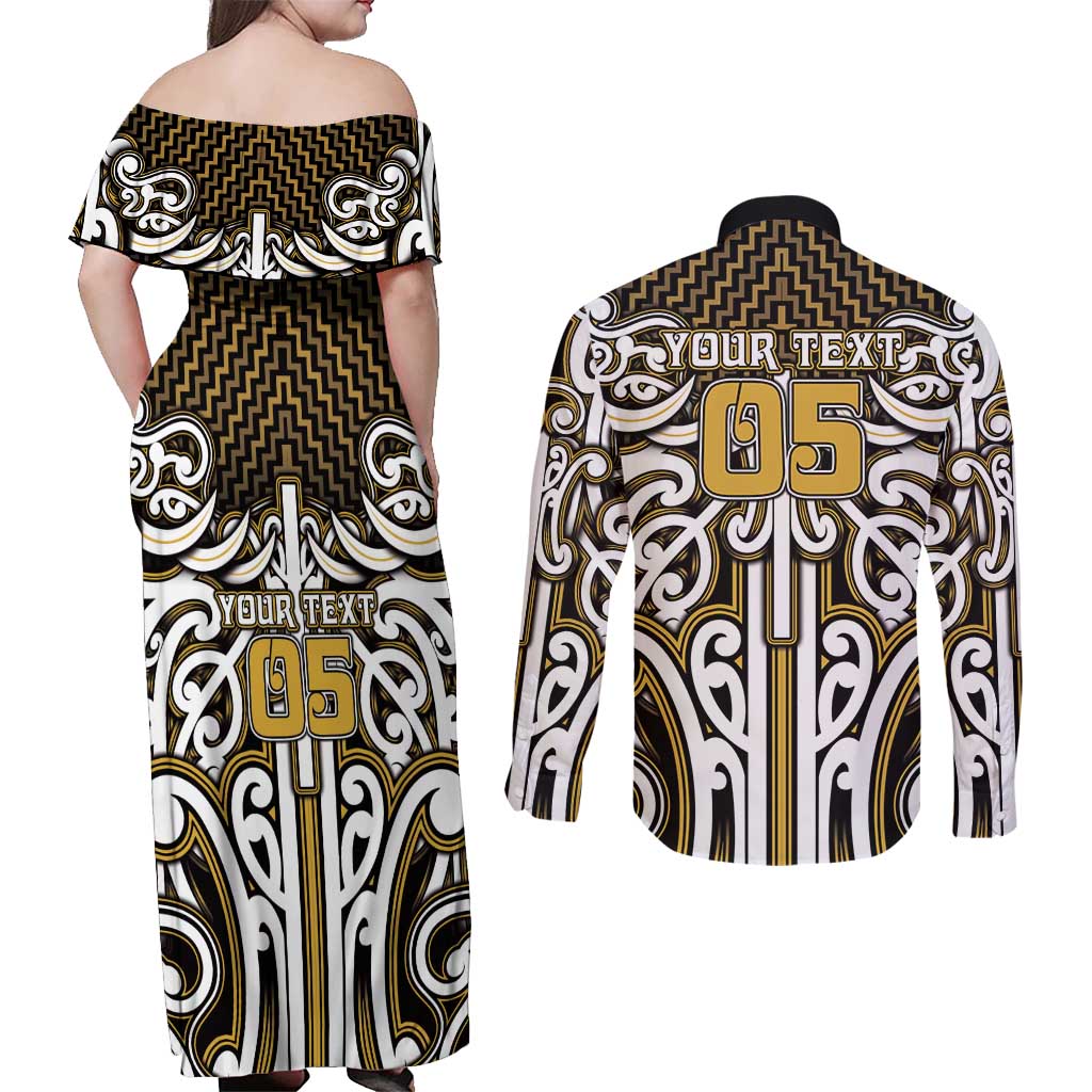 Custom Aotearoa Taranaki Couples Matching Off Shoulder Maxi Dress and Long Sleeve Button Shirt Maori Tribal Pattern Mix Poutama LT05 - Polynesian Pride
