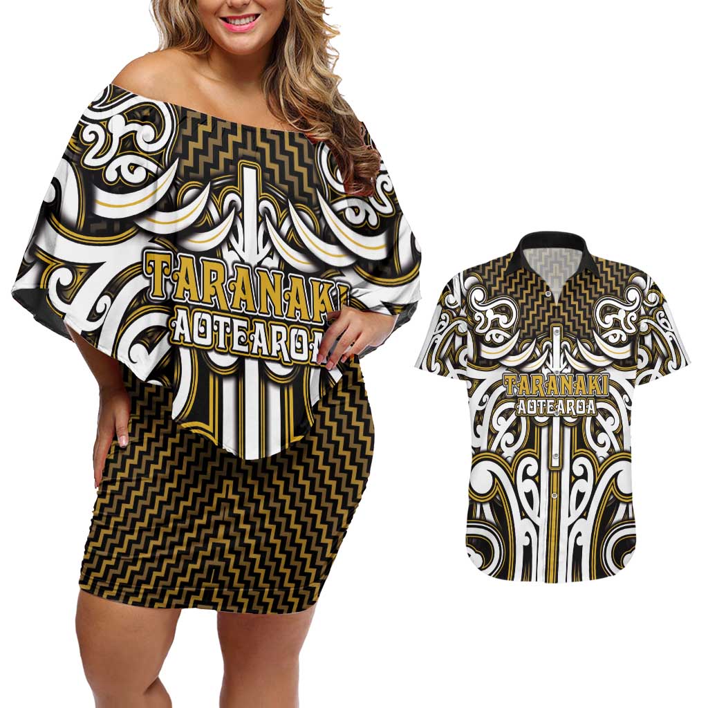 Custom Aotearoa Taranaki Couples Matching Off Shoulder Short Dress and Hawaiian Shirt Maori Tribal Pattern Mix Poutama