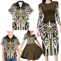 Custom Aotearoa Taranaki Family Matching Long Sleeve Bodycon Dress and Hawaiian Shirt Maori Tribal Pattern Mix Poutama