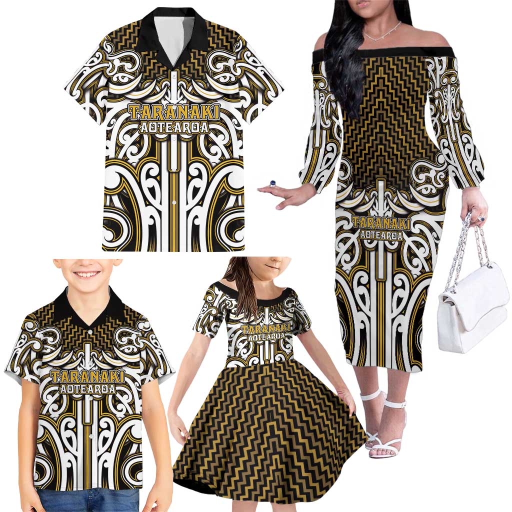 Custom Aotearoa Taranaki Family Matching Off The Shoulder Long Sleeve Dress and Hawaiian Shirt Maori Tribal Pattern Mix Poutama LT05 - Polynesian Pride