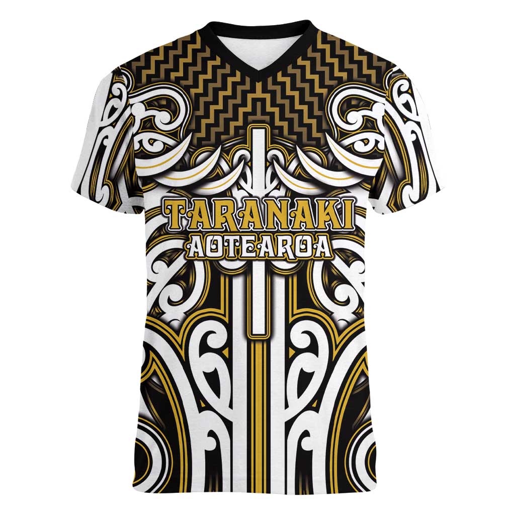Custom Aotearoa Taranaki Women V-Neck T-Shirt Maori Tribal Pattern Mix Poutama