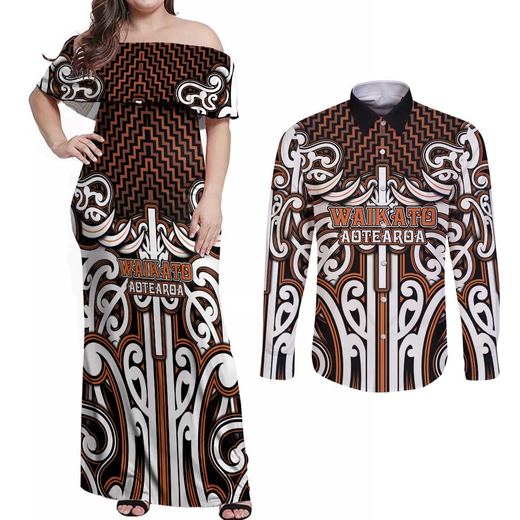 Custom Aotearoa Waikato Couples Matching Off Shoulder Maxi Dress and Long Sleeve Button Shirt Maori Tribal Pattern Mix Poutama