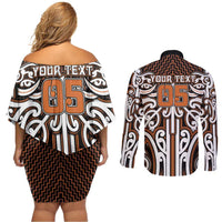 Custom Aotearoa Waikato Couples Matching Off Shoulder Short Dress and Long Sleeve Button Shirt Maori Tribal Pattern Mix Poutama