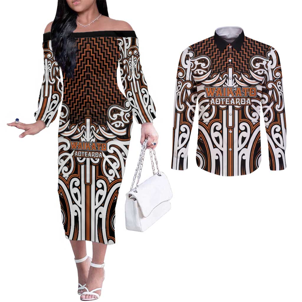 Custom Aotearoa Waikato Couples Matching Off The Shoulder Long Sleeve Dress and Long Sleeve Button Shirt Maori Tribal Pattern Mix Poutama